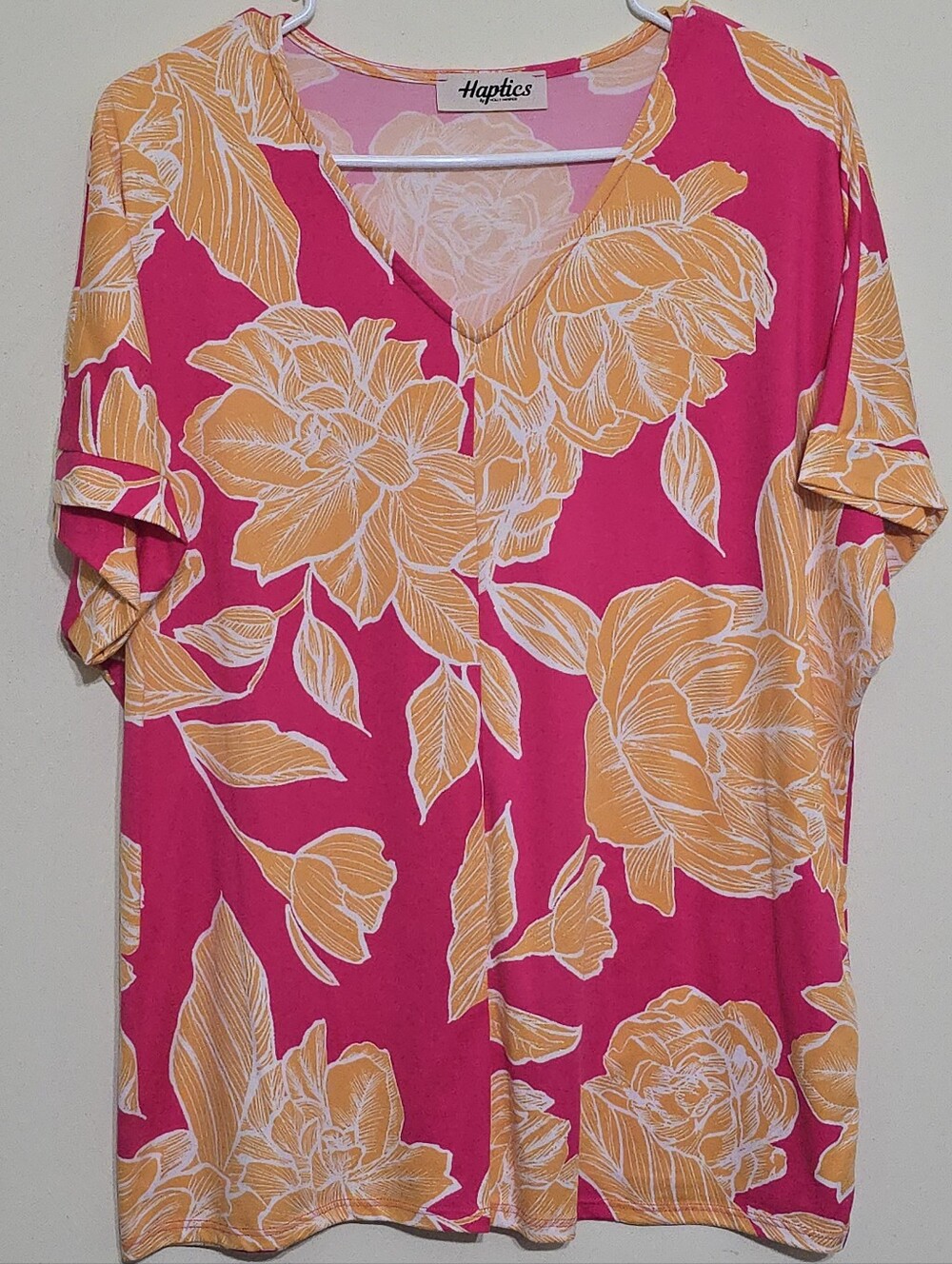 Haptics Women's Floral Short Sleeve Top - Pink and Yellow